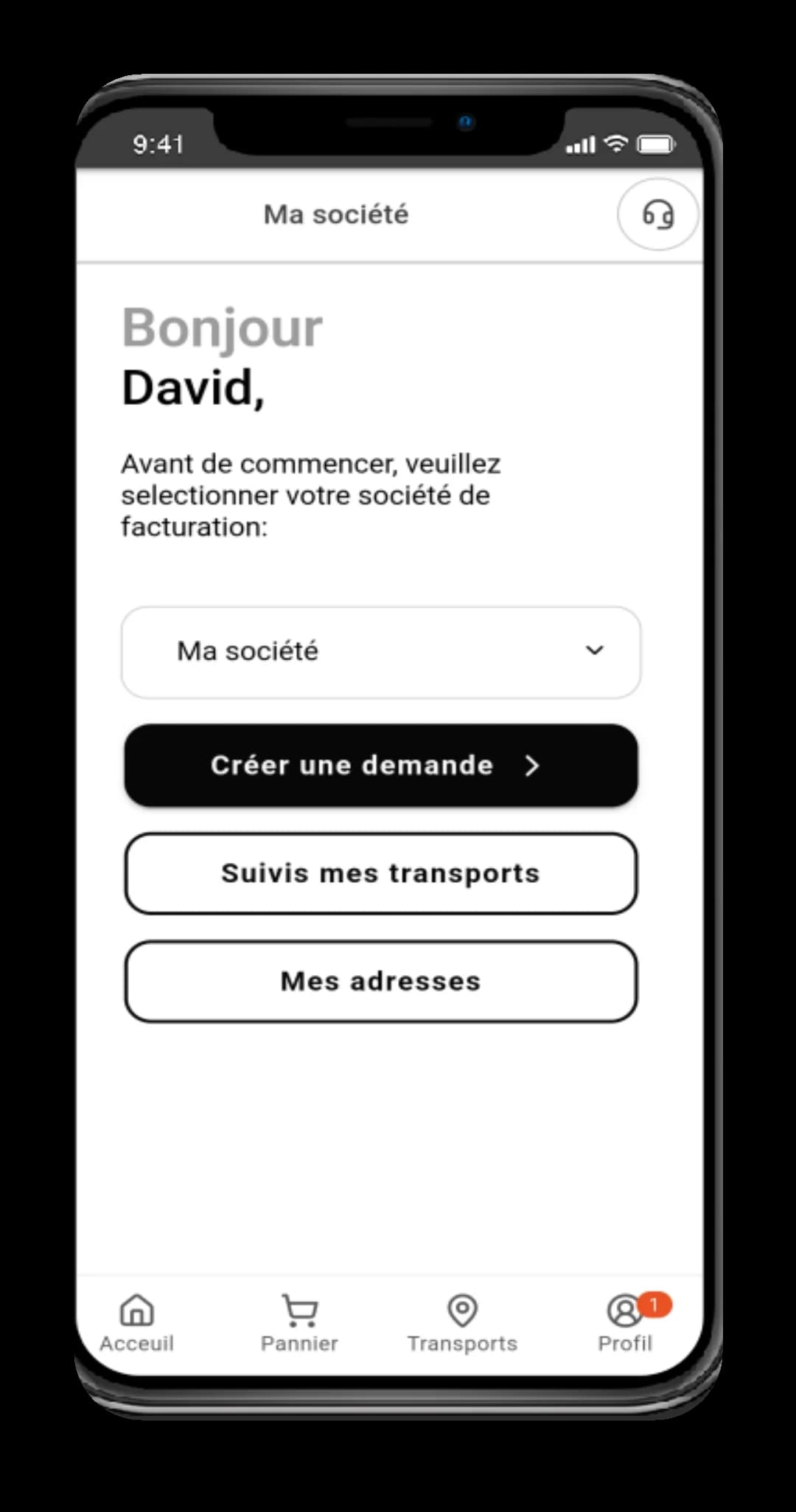 Application H24 Transports — écran d'accueil et sélection de la société