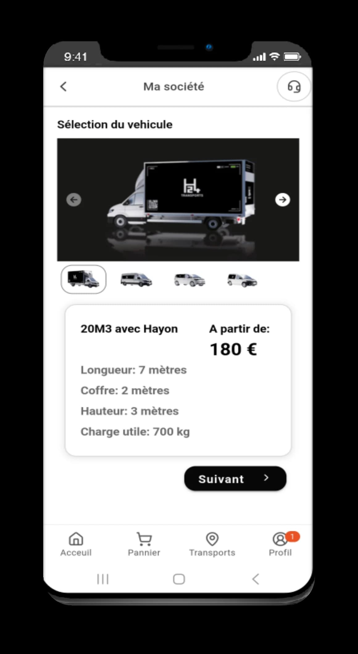 Application H24 Transports — sélection du véhicule lors d'une demande
