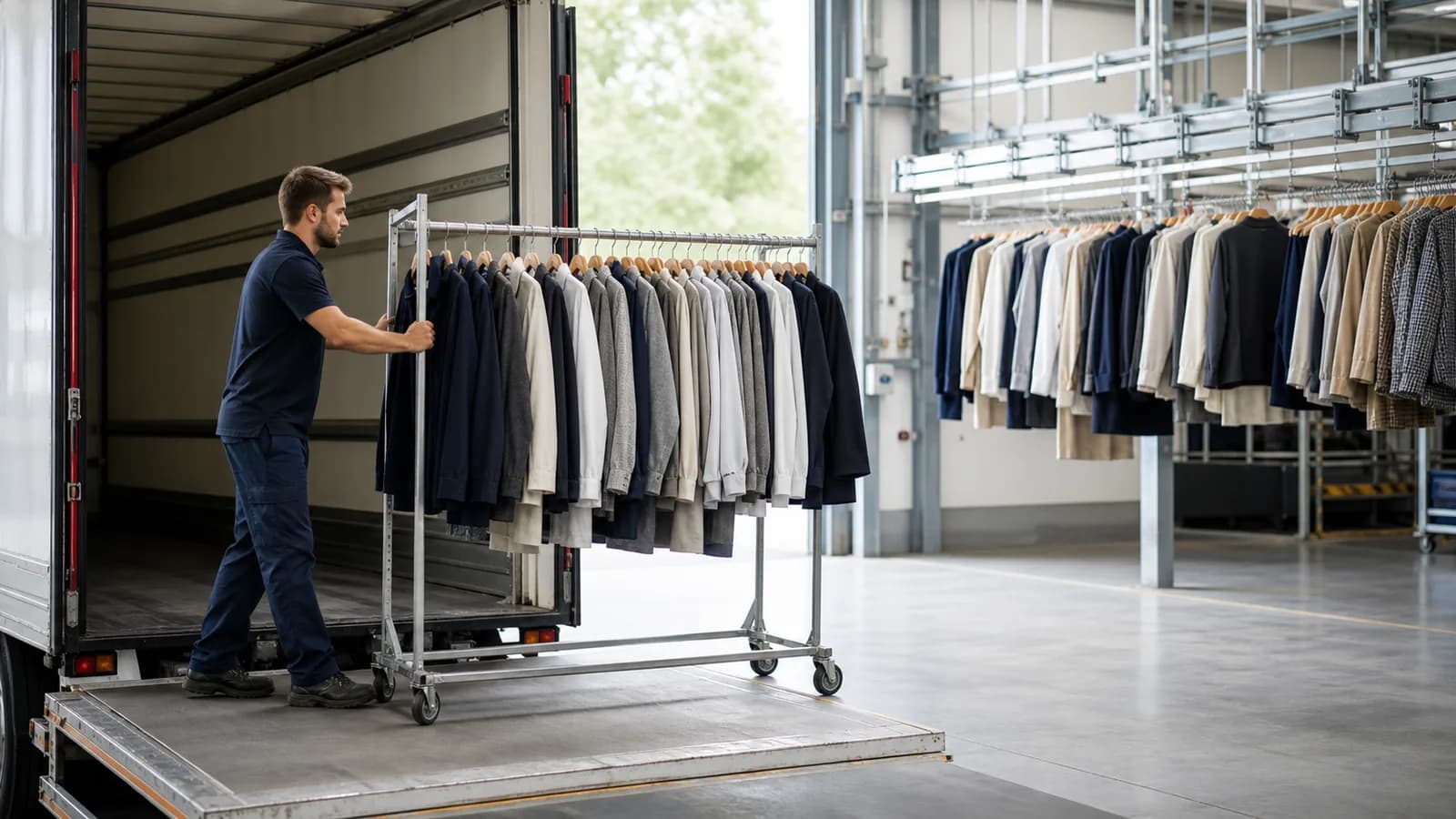 Portant de vêtements sur cintre chargé dans un camion par le hayon, dans un entrepôt textile